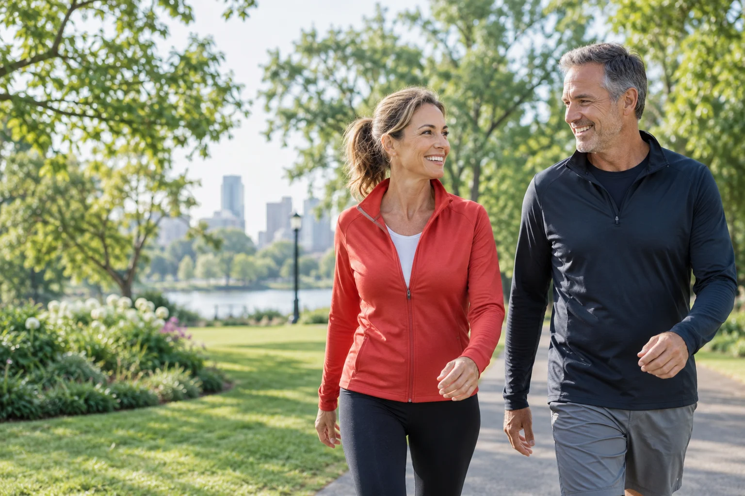 Illustrative fictional adults enjoying a morning walk in a green park